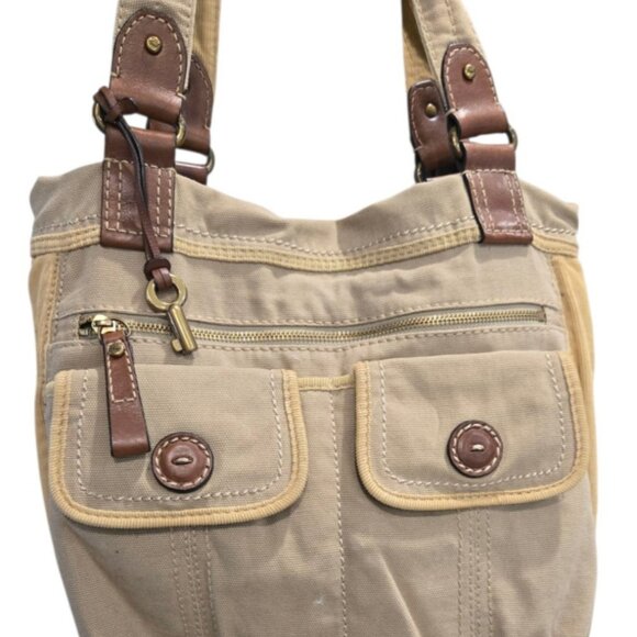 Fossil Modern Vintage Canvas & Leather Tote Bag Multiple Pockets Key Charm - Picture 5 of 11